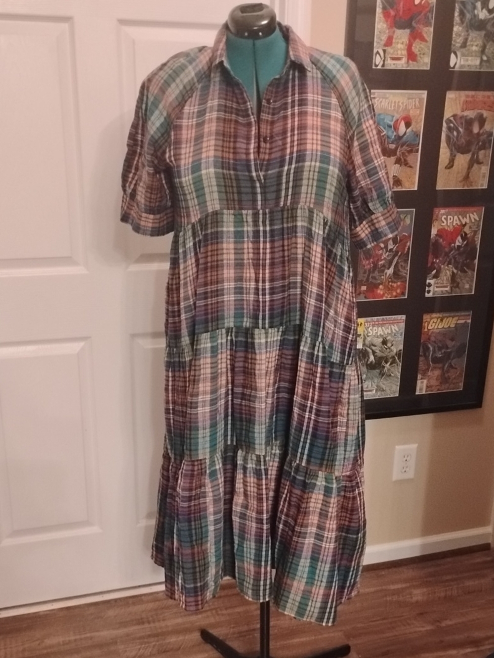 Plaid Tiered Shirtdress in Teal and Rust - Flannel Women's Dress